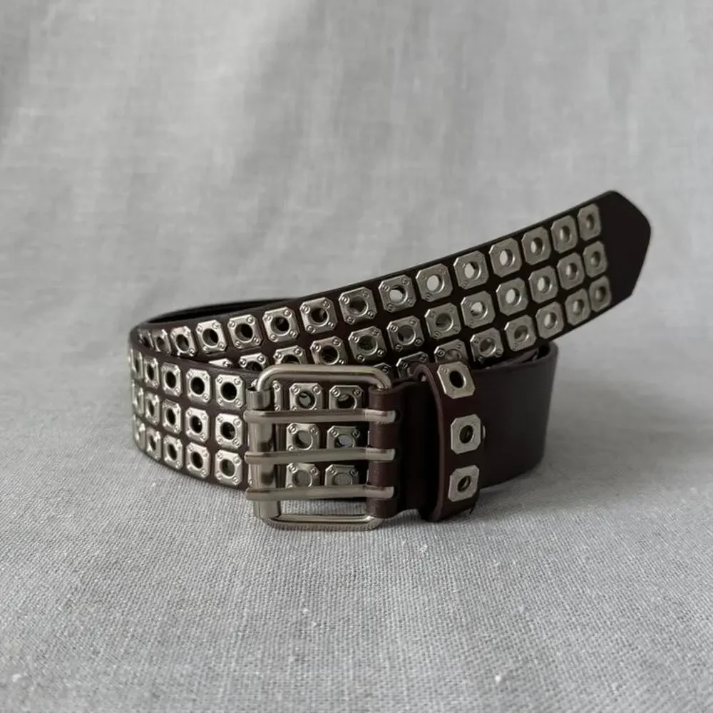 Studded metal brown belt with